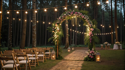Obraz premium Wedding ceremony with arch, orchid flowers, palm leaves, chairs and bulb lights in forest outdoors.