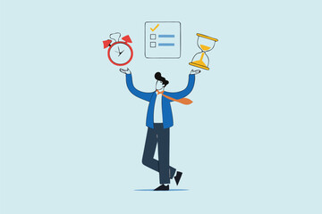 Flat illustration of businessman juggling alarm clock, hourglass, and checklist to manage business time pressure and schedule 