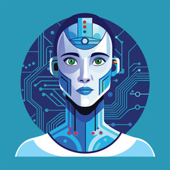 AI Humanoid Face Concept. Technology Digital Robot Head Side View with Circuit Board Components. Tech Blue Background.