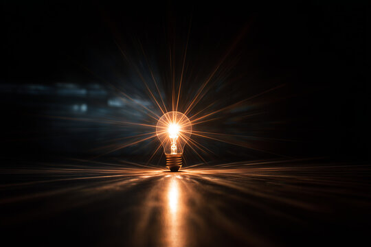 Starburst effect around a glowing light bulb in a dark room - Powered by Adobe