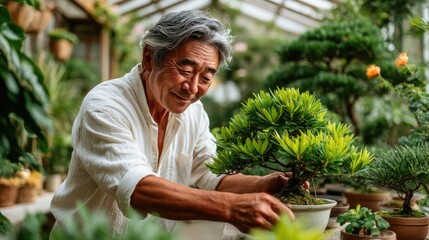 Elderly man tending to bonsai plants in a greenhouse setting.