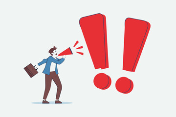 Flat illustration of businessman shout on megaphone with big exclamation mark warning of danger important message emergency loudspeaker attention safety urgency scream