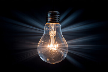Starburst effect around a glowing light bulb in a dark room