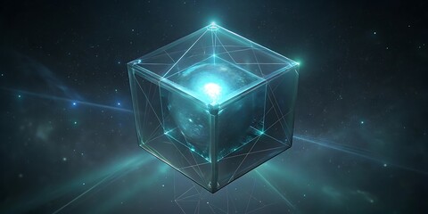 A transparent cube containing a glowing blue sphere, representing digital data and advanced technology.