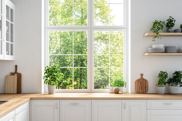 Fototapeta premium Bright modern kitchen with large window overlooking lush green trees and plants