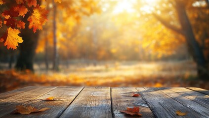 Autumnal wooden table in a park.  Golden leaves, sunlit forest