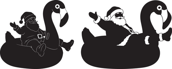 Obraz premium Two inflatable flamingo pool floats with santa claus silhouette
