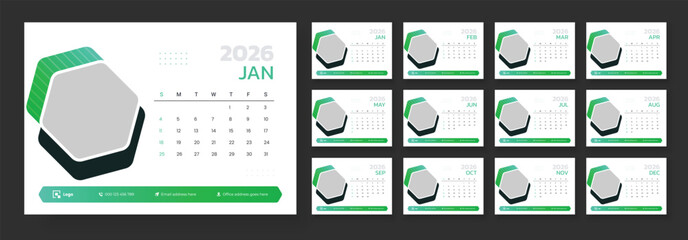 Calendar 2026 planner corporate template design set. Template for annual calendar 2026. Desk calendar template 2026. Week starts on Sunday.