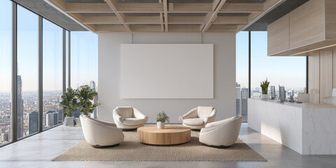 Modern office interior with large blank white frame on gray wall, windows with city skyline view, four contemporary beige armchairs around circular wooden coffee table. 3d illustration.
