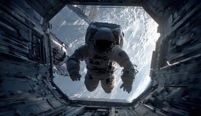Astronaut in space suit, floating outside space station