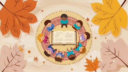 Children gather for storytelling session surrounded by autumn leaves in cozy setting