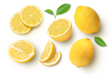 set of lemon slices on transparent background. Top view.