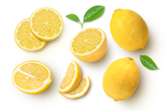 set of lemon slices on transparent background. Top view.