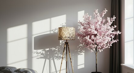 Interior scene with lamp and flowering tree, Cozy room with elegant lamp and soft light, creating a tranquil atmosphere