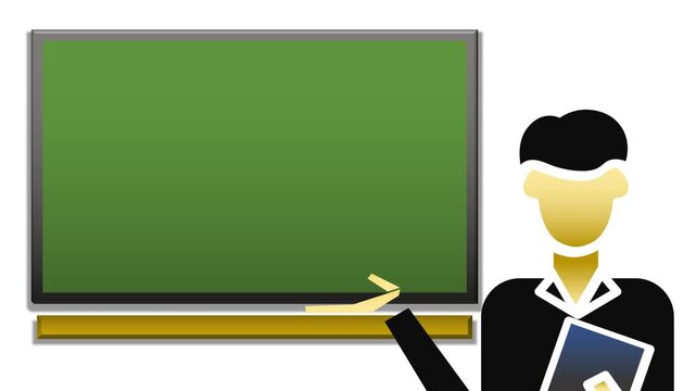 Animation of a teacher pointing to a green chalkboard while holding a book, symbolizing learning, teaching, and academic explanations in the classroom.