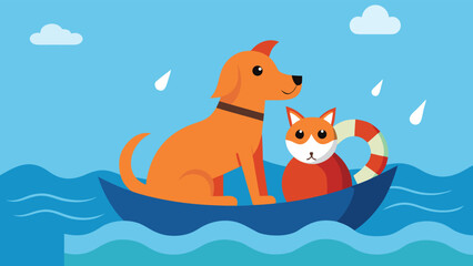 Emotional illustration of a dog and cat being rescued from a flood