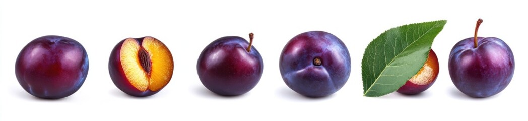 Fresh plums, whole and halved, with leaves