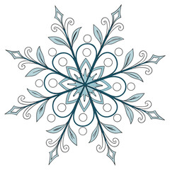 Fototapeta premium Symmetrical floral snowflake in silver and pastel blue, for delicate winter decorations.