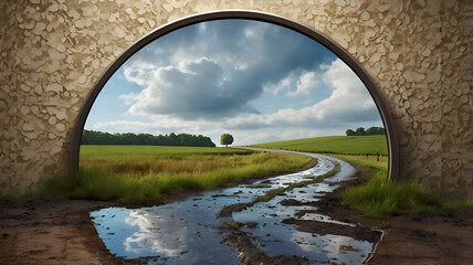 A winding country road through a green summer landscape with fields and a wide sky