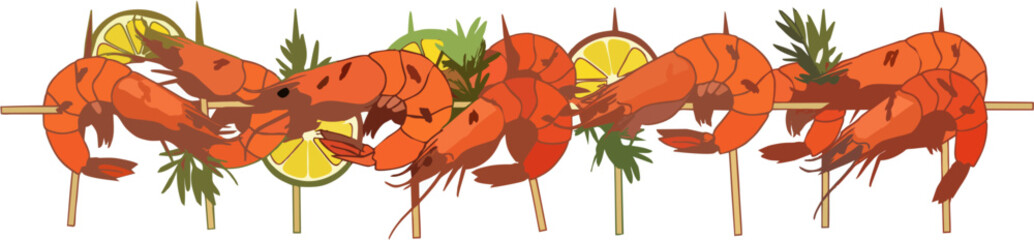 Grilled Shrimp Skewers with Lemon and Rosemary - Seafood BBQ Vector