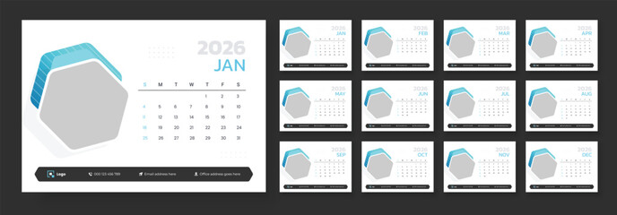Desk calendar template 2026. Calendar 2026 planner corporate template design set. Template for annual calendar 2026. The week starts on Sunday.