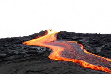   lava river flowing through dark volcanic landscape isolated on white background PNG, AI GENERATED