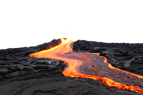   lava river flowing through dark volcanic landscape isolated on white background PNG, AI GENERATED
