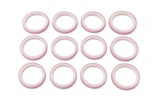 Red onion rings gridded neatly, sliced uniformly, showcasing vibrant layers against transparent backdrop for culinary design needs