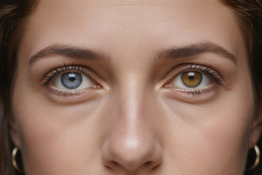 Woman's face showing heterochromia. One blue eye and one hazel eye