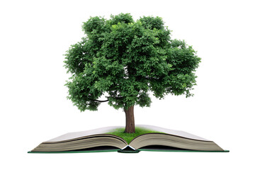  lush green tree grows from the pages of an open isolated on white background PNG, AI GENERATED