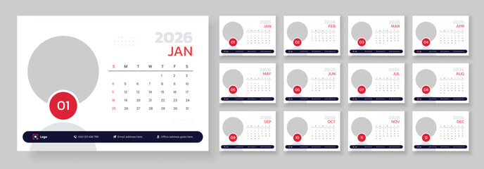 2026 Desk calendar template, Template for annual calendar 2026, Calendar 2026 planner corporate template design set, The week starts on Sunday, Set of 12 months.