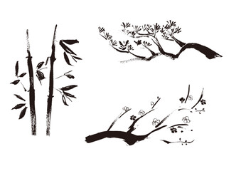 松竹梅の和風手書き筆イラスト　墨絵モノクロ