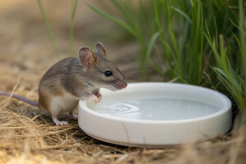Close up of mouse drinking from white bowl of water in dry garden. Candid wildlife moment during summer heatwave