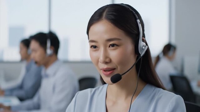 Asian female customer support agent talking and nodding in the office - Powered by Adobe