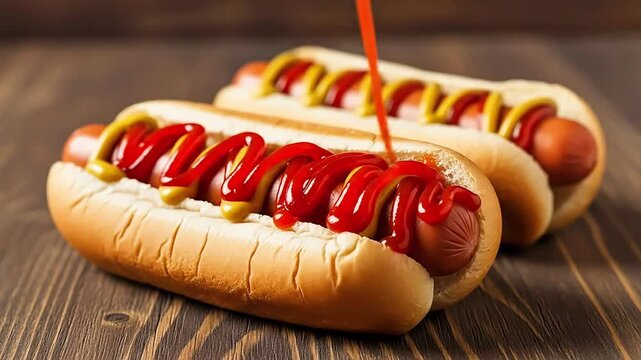 Delicious hot dogs being garnished with ketchup and mustard on a rustic wooden table