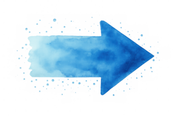 Blue watercolor arrow pointing to the right with splashes around it on a transparent background