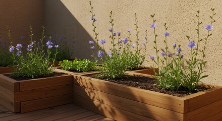 Flowers in Wooden Planters on a Deck