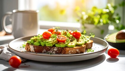 Delicious organic avocado toast served with cherry tomatoes and greens on a ceramic plate, photographed in morning light near a window, with a warm and wholesome atmosphere