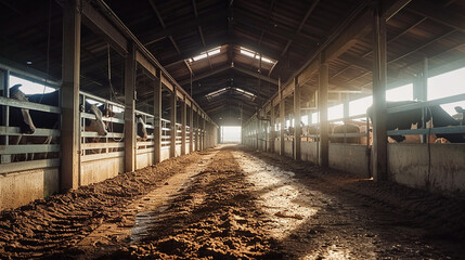 Cows in a sunlit barn aisle, agricultural farming scene, livestock