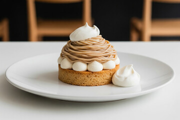 A French Guianan dessert, this dish features a base of chestnut cream topped with meringue and whipped cream, creating a sweet and visually appealing treat.