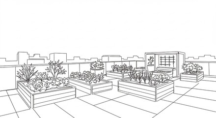 Obraz premium Rooftop Garden Outline Sketch with Planter Boxes and City View