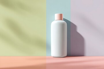 Clean white cosmetic bottle mockup showcases product presentation against colorful pastel backdrop with soft shadows providing an inviting aesthetic for lotion or shampoo.
