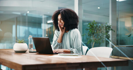 Business, excited and woman with laptop, thinking and success with kpi target, achievement or...