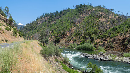 Panorama of the Trinity River as it flows alongside the highway near Burnt Ranch, California, USA