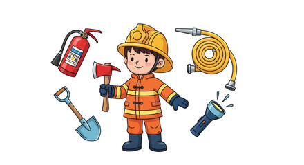 Cute cartoon firefighter character for kids, with fire safety equipment including an axe, extinguisher, hose, shovel, and flashlight