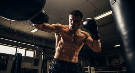 Shirtless boxer in action, punching a heavy bag in a boxing gym.
