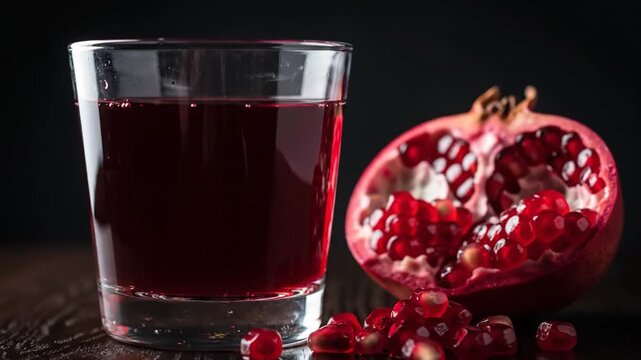 Glass of pomegranate juice with a red pomegranate, dolly push in