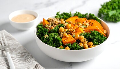 Fresh organic salad with kale, quinoa, roasted sweet potatoes, chickpeas, and tahini dressing in a white bowl, styled on a marble counter with sunbeam lighting
