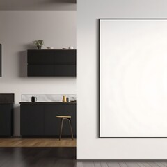 Blank poster mockup for product display on wooden floor background in clean and modern space, creative layout. 3D rendering