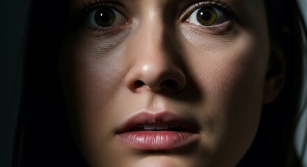 A young woman's face, partially shadowed, expresses intense fear and alarm.